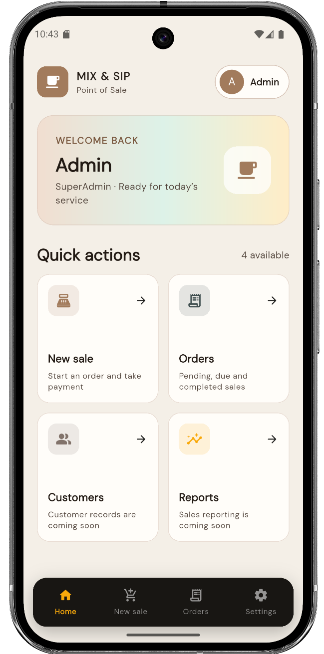 Mix and Sip mobile app dashboard with quick actions