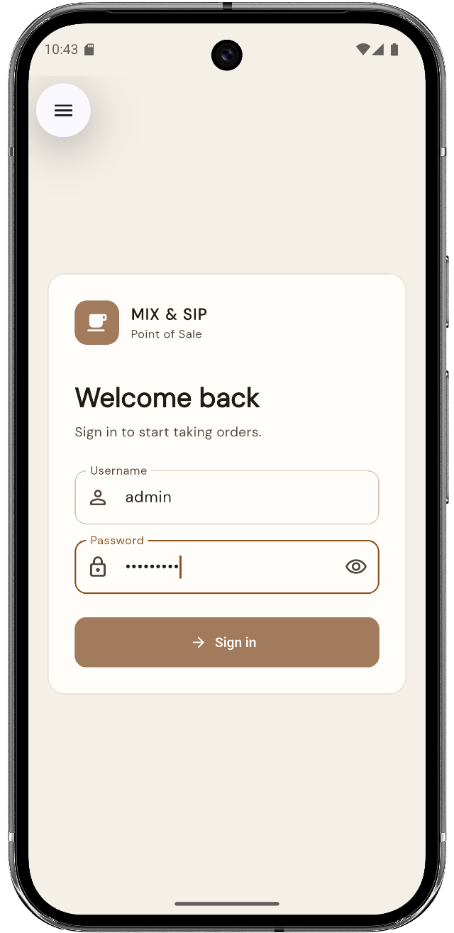 Mix and Sip mobile app secure login screen