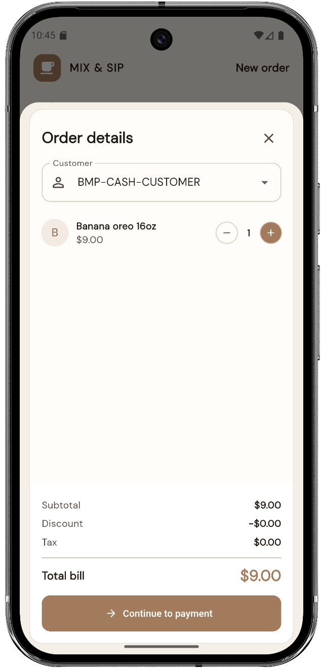 Mix and Sip mobile app order details and payment flow