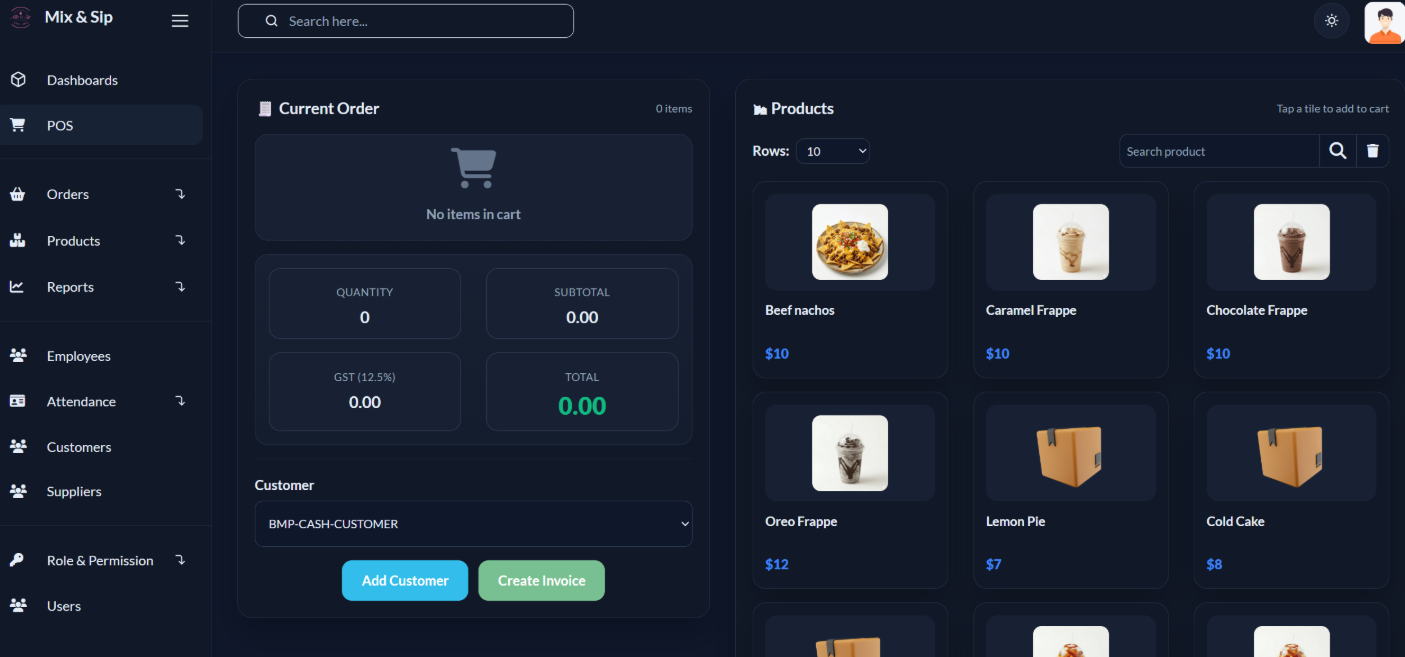 Mix and Sip POS in dark mode