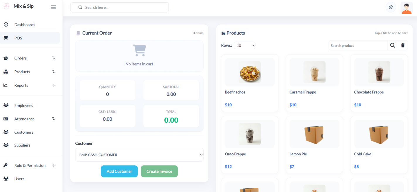 Mix and Sip POS in light mode