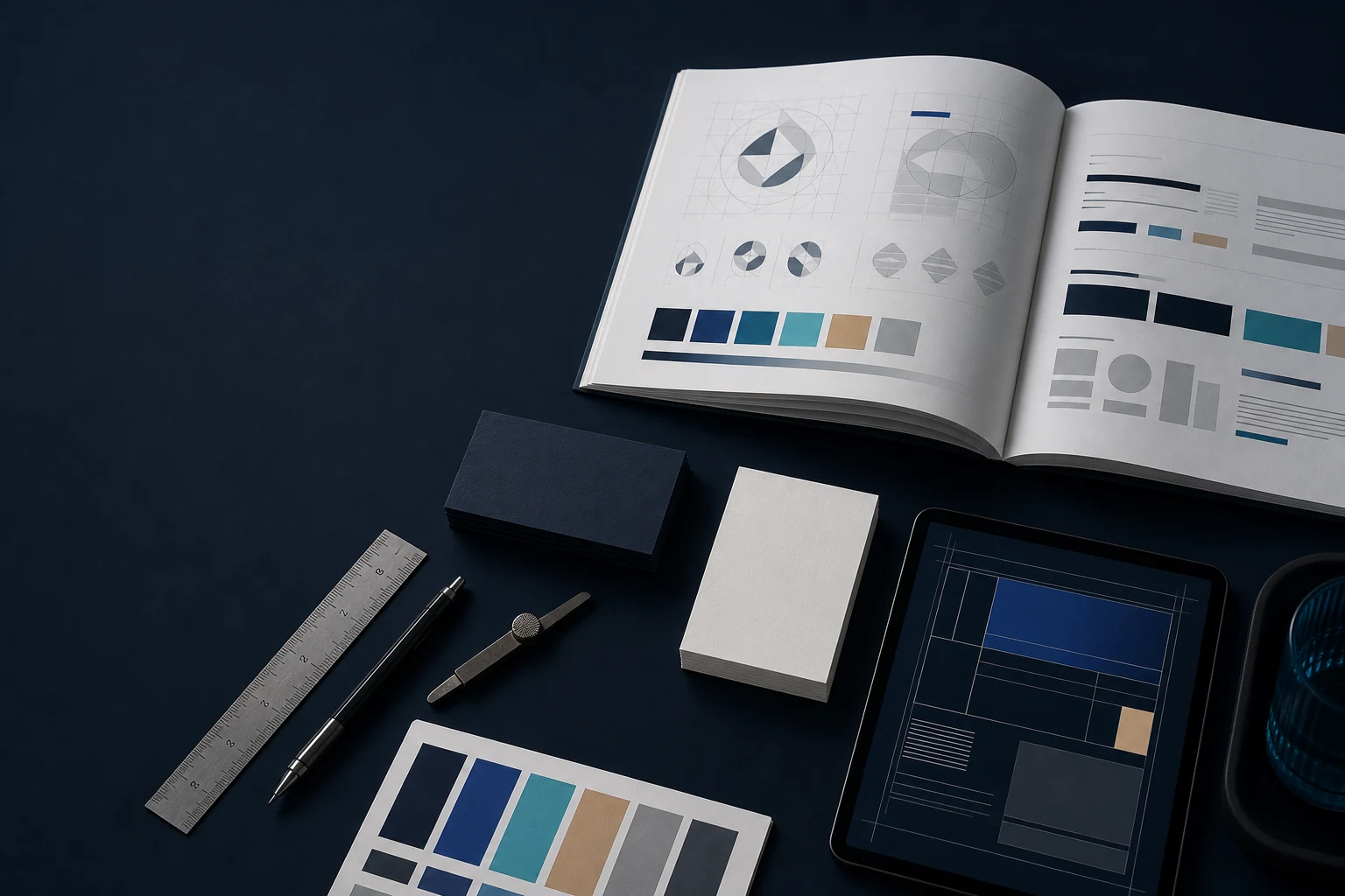 Brand guideline book, color swatches, stationery and tablet layout on a design workspace